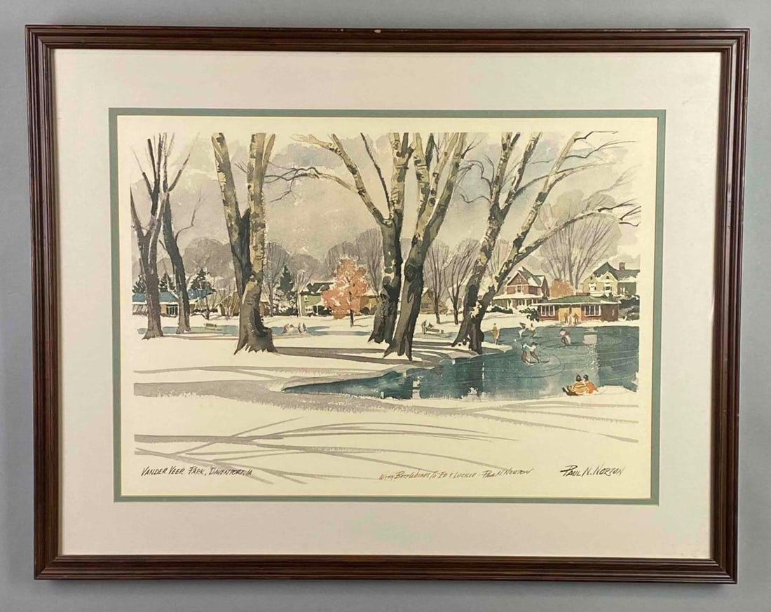 Paul N. Norton Vander Veer Park Davenport Iowa Print: Artist signature on bottom right corner, Signed Best Wishes to Ed and Lucille, Frame measures 21 x 26 1/2in, print measures 15 x 21in.