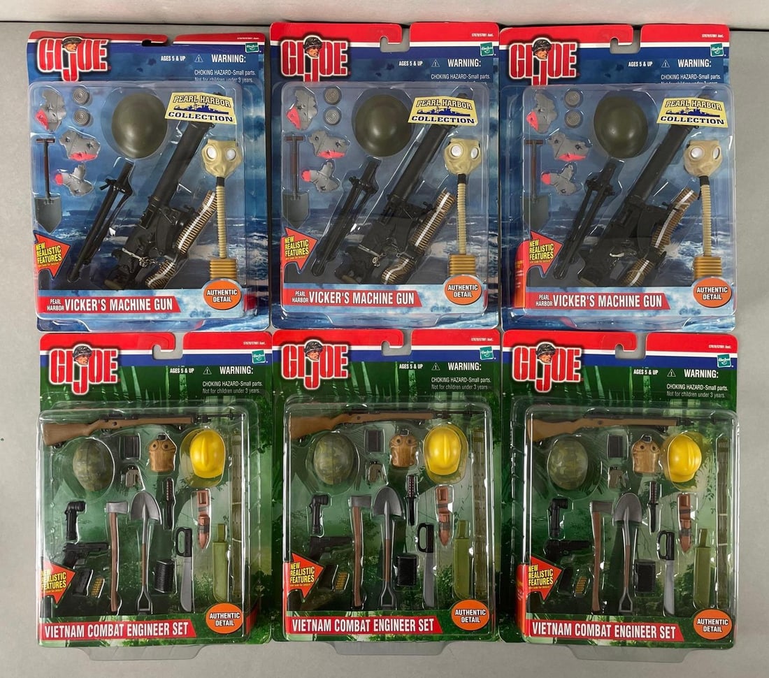 Group of 4 6 Hasbro G.I. Joe Accessory Sets: Includes 3 Vietnam combat engineer sets, 3 Pearl Harbor vickers machine gun, 12 inch, original packaging