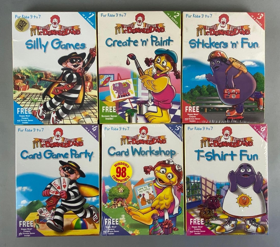 Group of 6 1997 McDonalds CD-Rom Activity Sets: All factory sealed, Includes No. 1-6, Including Silly Games, T-Shirt Fun, Card Workshop, and more, Boxes measure 10 1/4 x 7 1/2 x 1 1/4 inches.