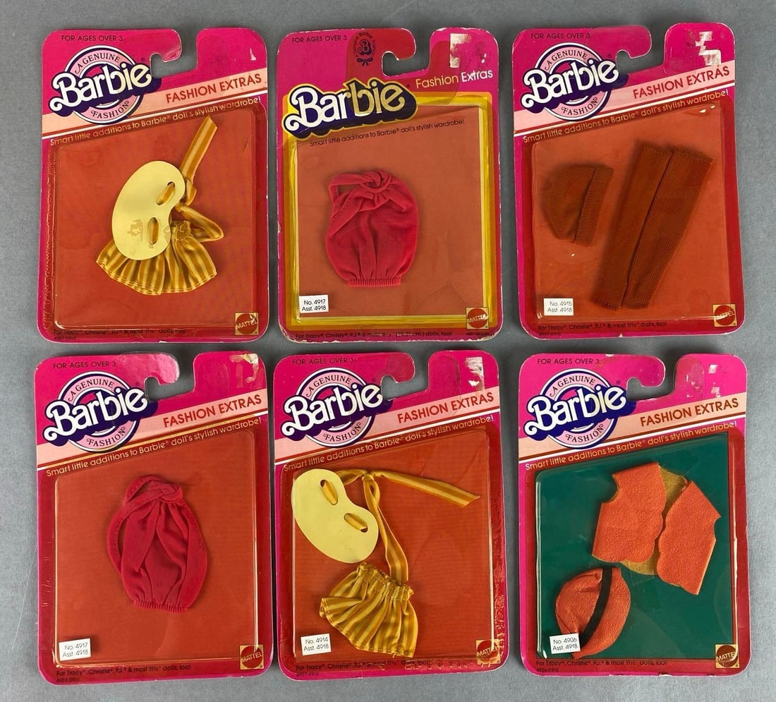 Group of 7 1983 Mattel Barbie Fashion Extras: Factory sealed, new in original packaging, shown shelf wear, each measures 7 x 5 inches