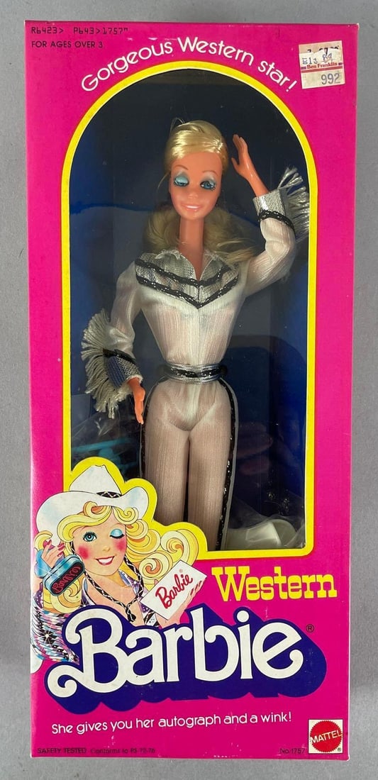 1980 Mattel Western Barbie Fashion Doll: Original price tag on front, measures 11 1/2 inches tall