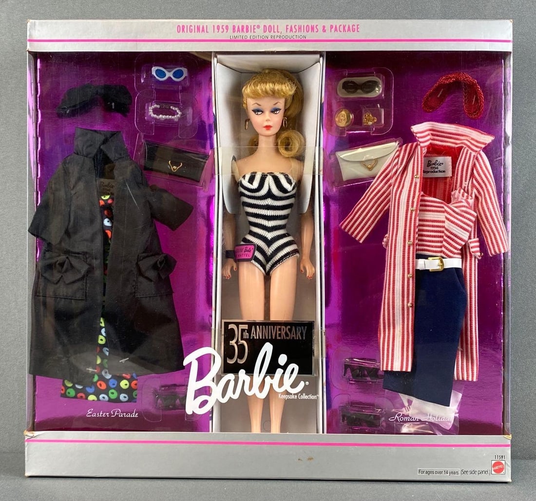 Mattel Barbie 35th Anniversary Fashion Doll: 1993, in original box, 1959 Limited Edition Reproduction doll, fashions, and package, doll measures 11 1/2in, box measures 13x 13 1/2 x 2in.