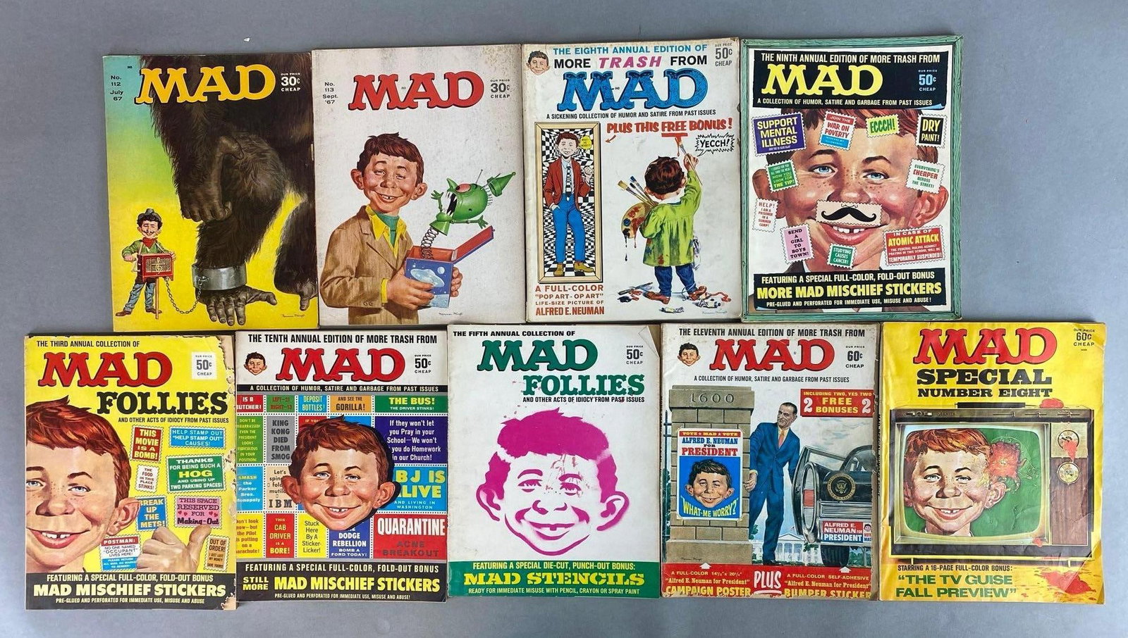 Group of 9 Mad Magazines: July 1967 - 1972, foxing throughout,