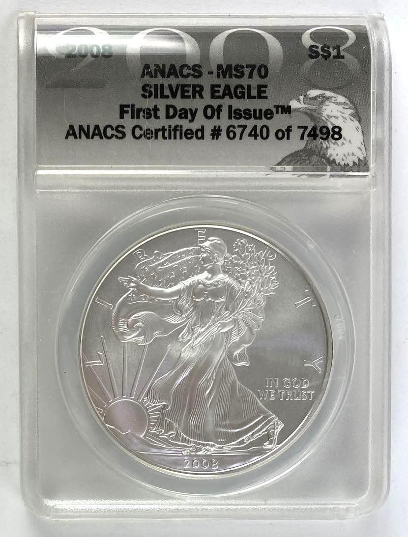 Certified 2008 American Silver Eagle First Day of Issue (ANACS) MS70 (1 of 2)