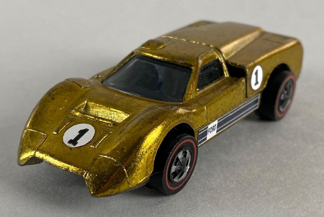 Hot Wheels Redline Ford J-Car Die-Cast Car: 1967, Mattel, Die-Cast, Red Line Tires, Yellow/Gold Body.