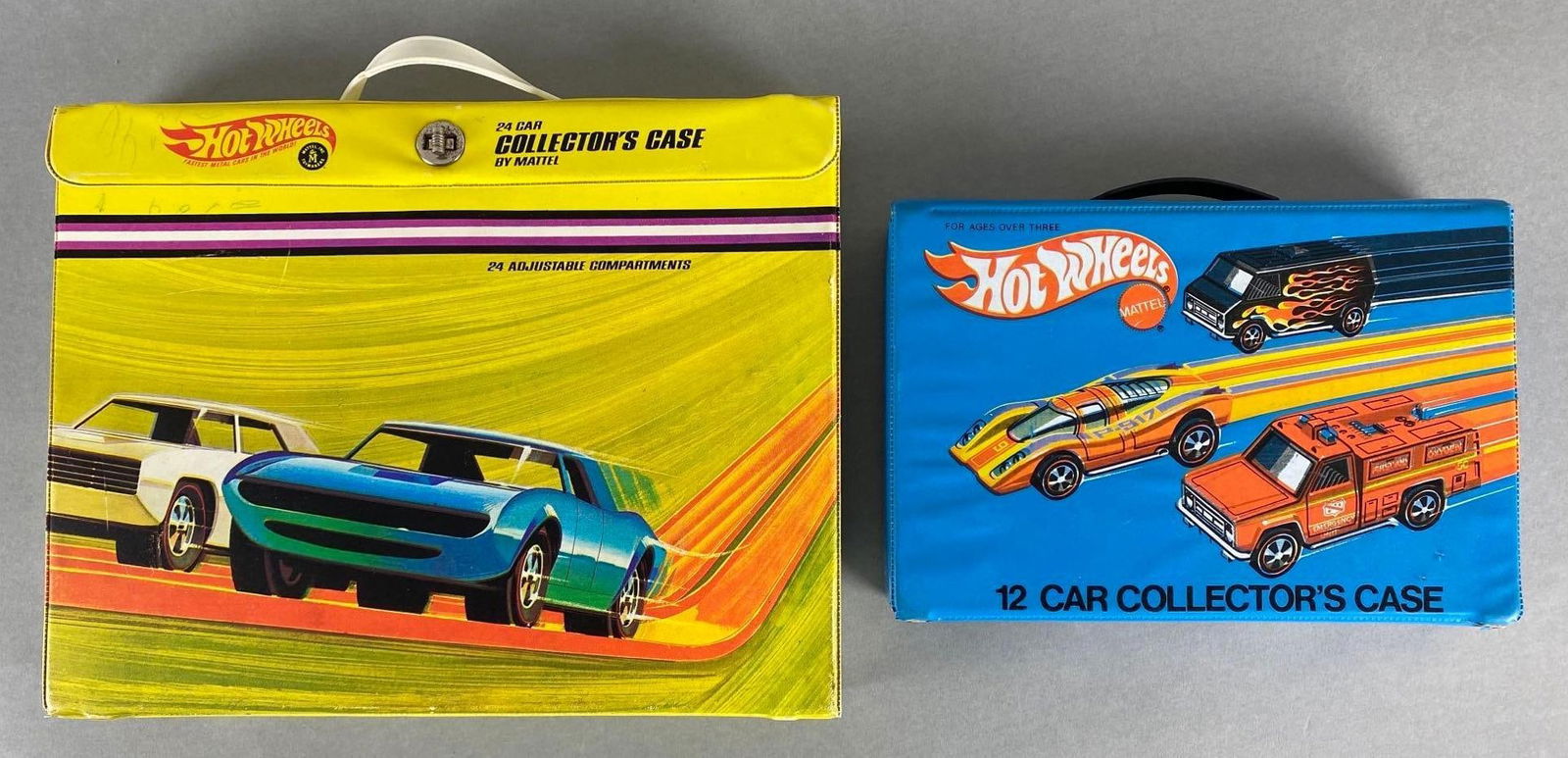 Group of 2 Vintage Hot Wheels Vinyl Collectors Cases: Mattel, Includes 1968 24 Car Case, and 1975 12 Car Case, Some small tears in vinyl along corners, Largest measures 10 x 12 1/2 x 2 inches.