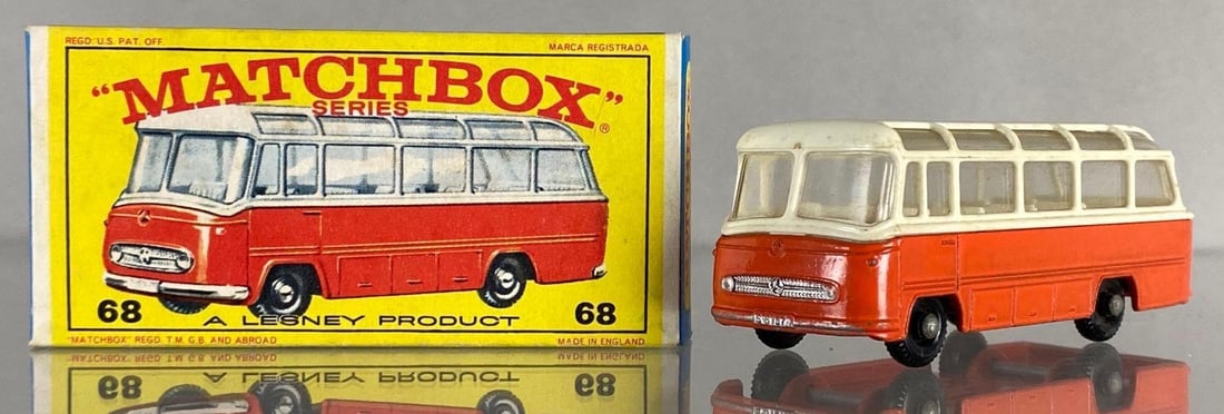 Matchbox No. 68 Mercedes Coach: With box, A Lesney Product, Made in England, Color: Orange and White, Clear Windows, Orange Base, Black Plastic Wheels, Die-Cast.