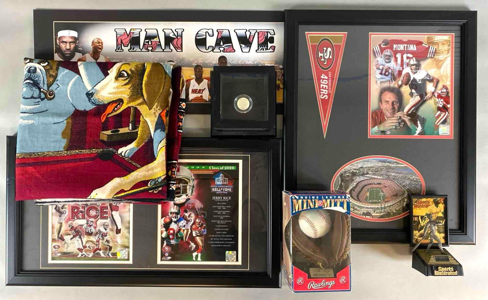 Group of Man Cave Collectables: Miami Heat Man Cave Poster, 2 - San Francisco 49ers Framed photos, Ken Griffey Jr. SI Metal figure, Dogs playing pool Tapestry, and more