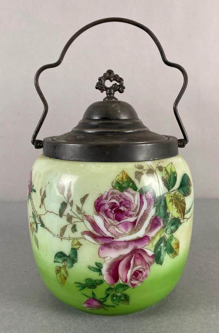 Antique Limoges Style Painted Roses Glass Biscuit Jar (1 of 8)