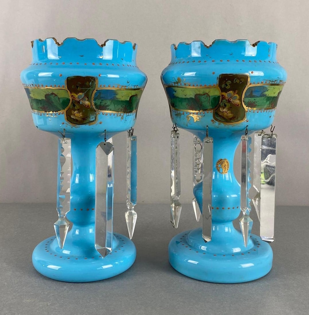 Pair of Powder Blue Bristol Glass Mantle Lustre Vases (1 of 9)