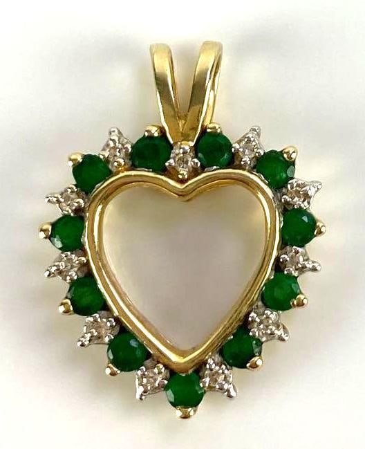 14K Gold Emerald and Diamond Heart Pendant (1 of 4)