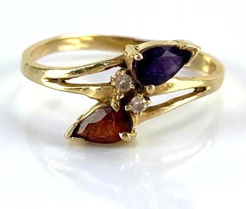 10K Gold Garnet, Amethyst and Diamond Ring: Pear and round cut, prong set, 1.4g, size 5 3/4