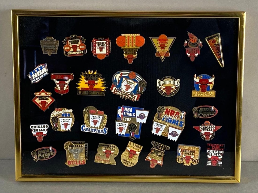 Group of 20+ NBA Chicago Bulls Collectors Pins: Includes NBA Finals, Playoffs, Champions, and more, Frame measures 9 1/2 x 12 1/2 inches.