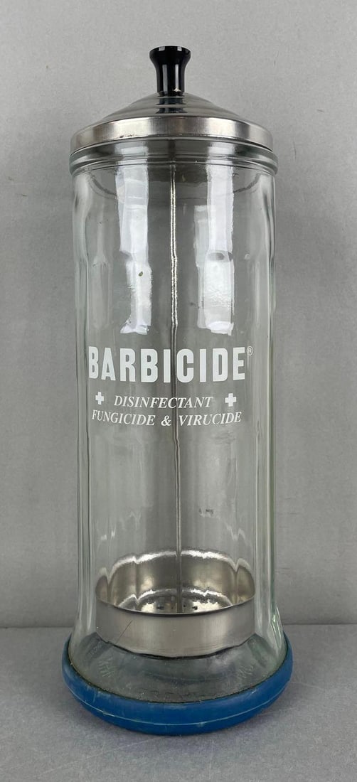 King Research Inc. Barbicide Disinfectant Glass Jar: Includes magic gripper. Measures 11 1/2 inches tall
