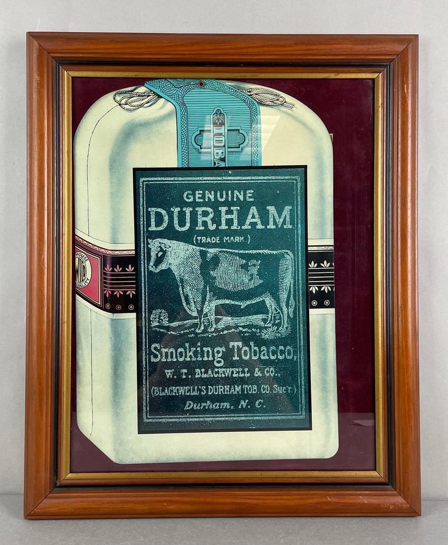 Reproduction Blackwells Genuine Durham Smoking Tobacco Advertising Cardboard Sign: Advertisement measures 17 1/4 x 11 3/4, frame measures 21 1/2 x 17 1/2 inches