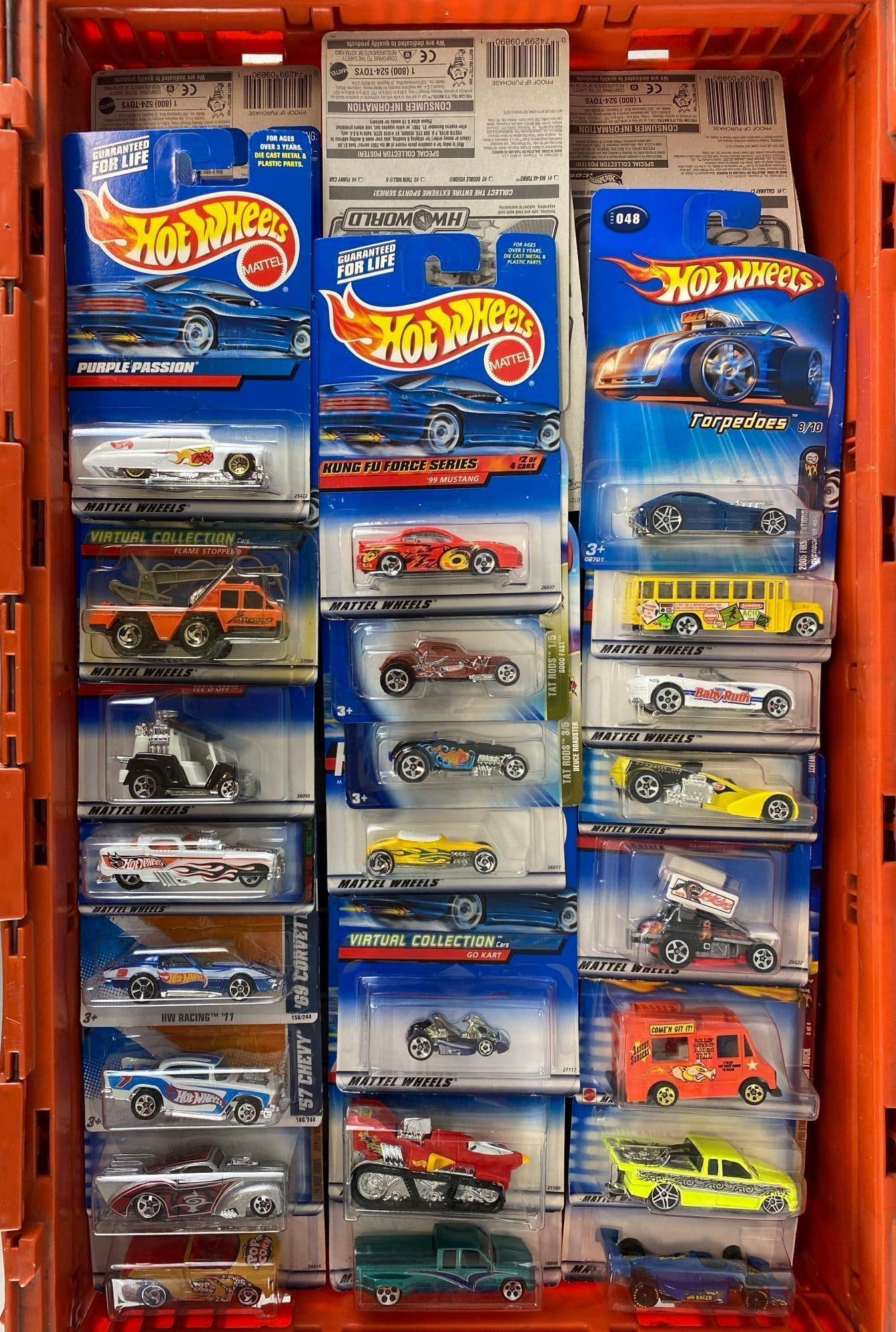 Group of 80+ Mattel Hotwheels Die-Cast Cars: Includes flame stopper, Purple Passion, 99 mustang and more