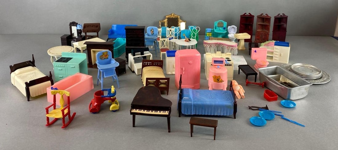 Large Group of Doll Furniture and Accessories: includes dressers, chairs, beds and more, blue bed measures 2 1/2 x 5 x 2 3/4 inches