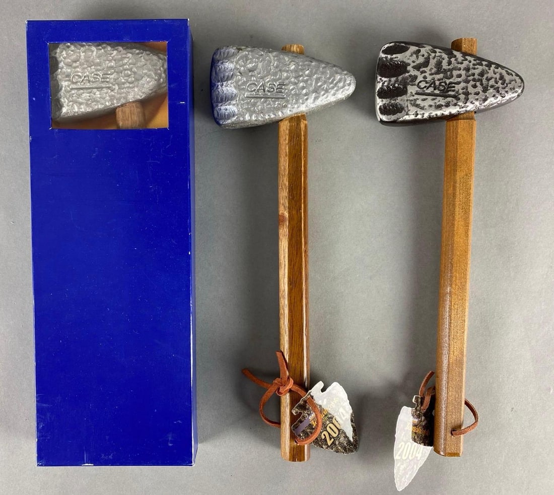 Group of 3 2004 Case Advertising Tomahawks: 1 with original box, box measures 1 3/4 x 5 x 13 1/4 inches