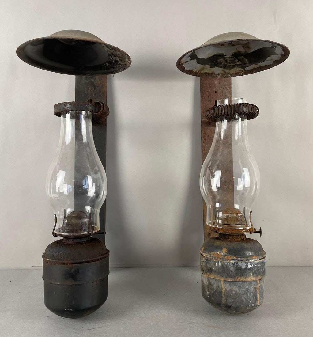 Group of 2 Vintage MKT Railroad Kerosene Lamps: Each measure 19 1/2 x 8 1/2 inches