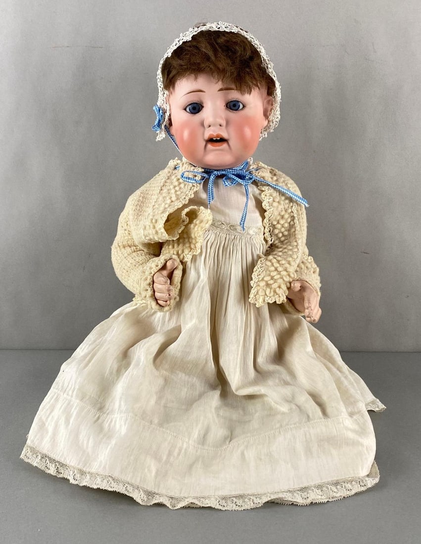 Vintage JW Nippon Porcelain Doll: Marked Nippon 606 on back of neck, Wig not attached, Large cracks/repair on left side of torso, Some cracks and chips, Measures