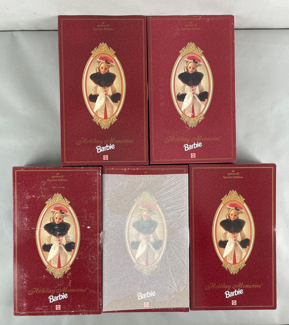Group of 5 Mattel Holiday Memories Barbie Fashion Dolls: Hallmark special edition, 1995 original packaging. 11 1/2 inches tall