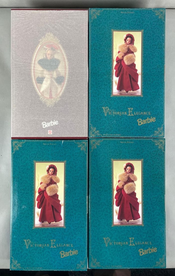 Group of 4 Special Edition Mattel Barbie Fashion Dolls: Includes 3 Victorian elegance, and holiday memories barbies. Original packaging, 11 1/2 inches tall