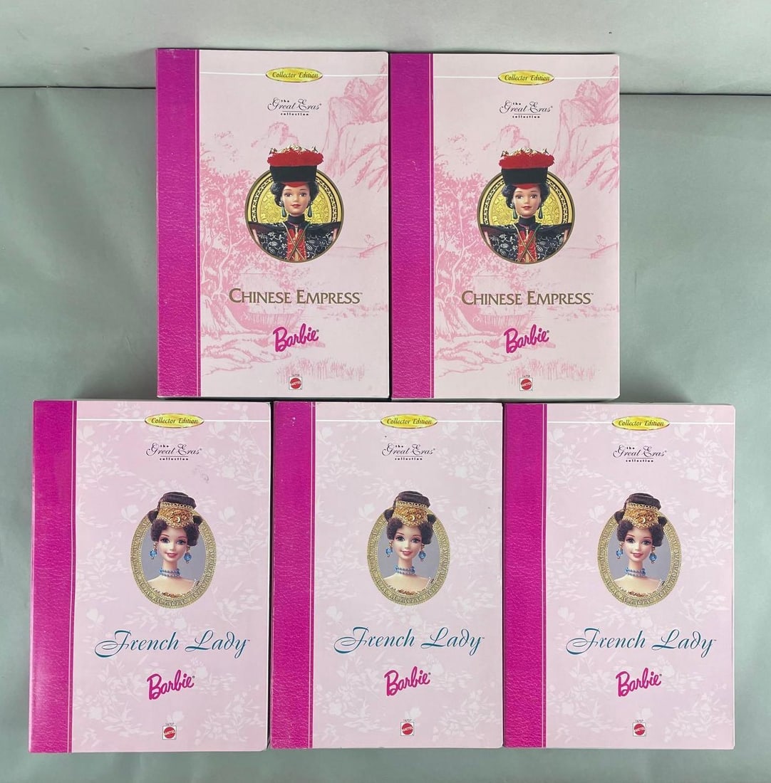 Group of 5 Mattel Great Eras Collection Barbie Fashion Dolls: Includes French lady, and Chinese empress, original packaging, 11 1/2 inches tall