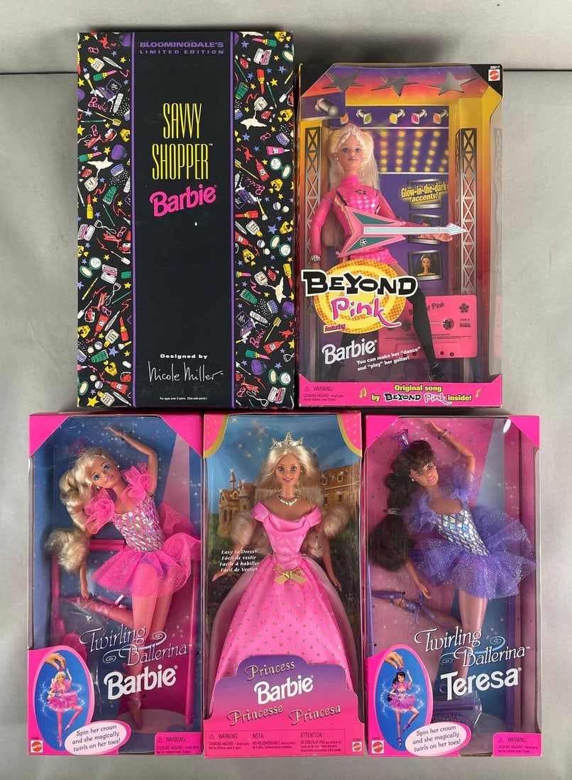Group of 5 Mattel Barbie Fashion Dolls: Includes princess barbie, twirling ballerina, savvy shopper, and more. Original packaging, 11 1/2 inches tall