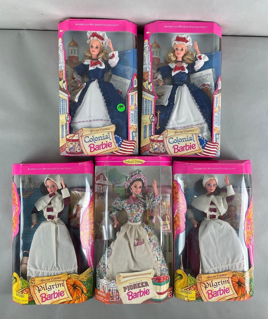 Group of 5 Mattel American Stories Collection Barbie Fashion Dolls: Includes pilgrim, colonial, and pioneer Barbie. 1990s original packaging, 11 1/2 inches tall