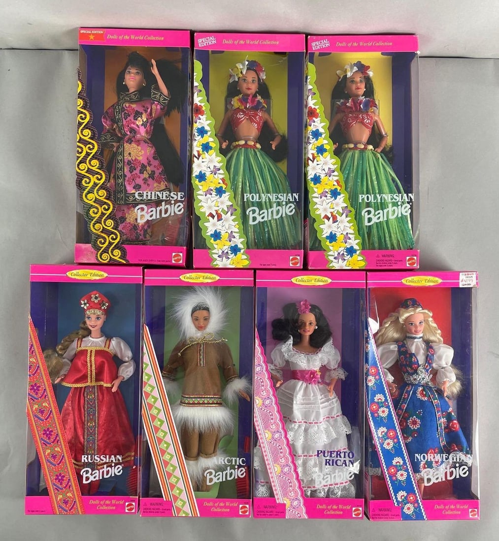 Group of 7 Mattel Dolls of the World Collection Barbie Fashion Dolls: Includes Russian, Chinese, Norwegian, and more. 11 1/2 inches tall