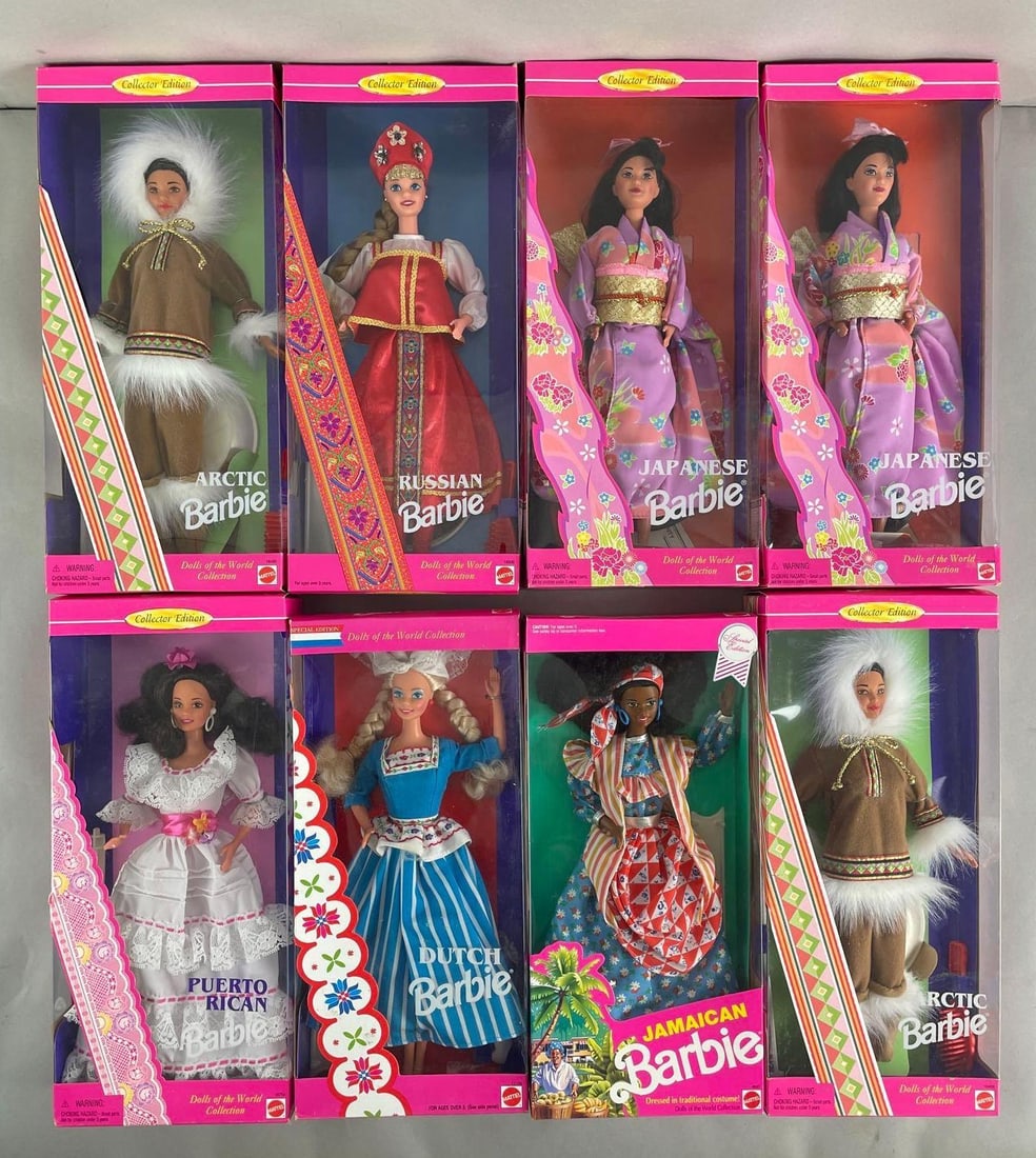 Group of 7 Mattel Dolls of the World Collection Barbie Fashion Dolls: Includes Japanese, Jamaican, Dutch, and more. 11 1/2 inches tall