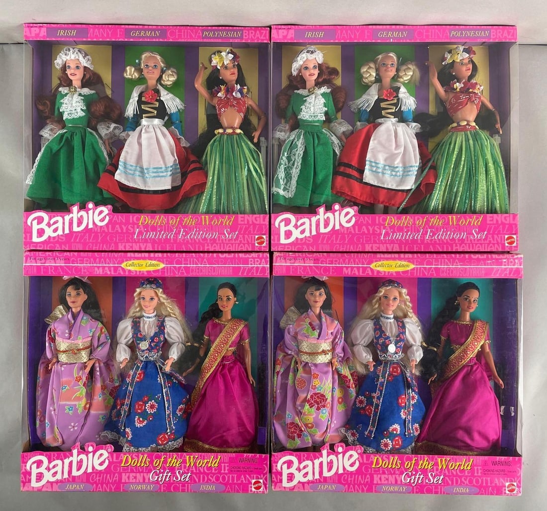 Group of 4 Mattel Dolls of the World Barbie Fashion Doll Sets: Includes Irish , German, Polynesian, and Japan, Norway, India