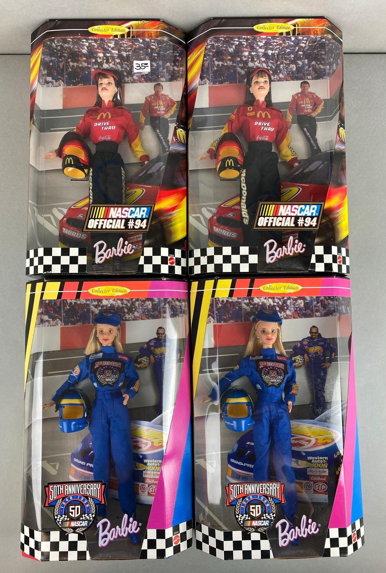 Group of 4 Mattel NASCAR Barbie Fashion Dolls: Group of 4 Mattel NASCAR Barbie Fashion Dolls,Includes hot wheels and mc Donald’s, new In original boxes, each doll measures 11 1/2 inches tall