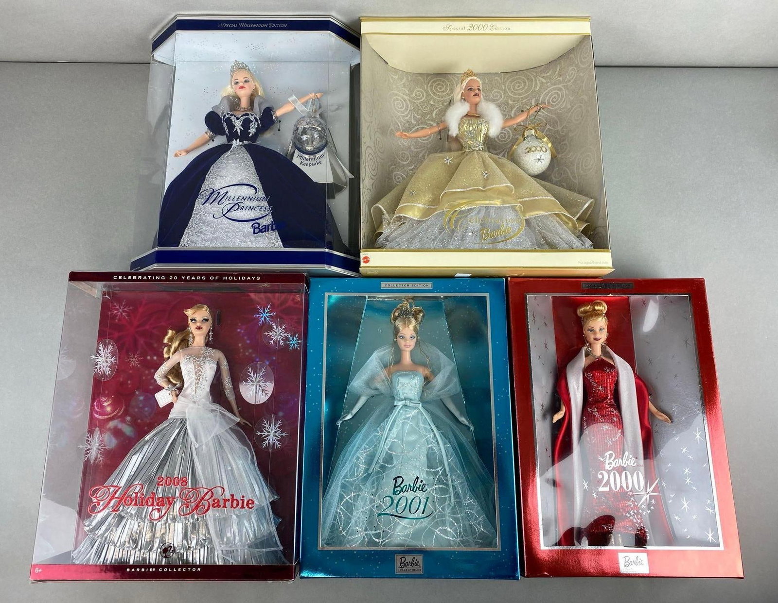 Group of 5 Mattel Barbie Fashion Dolls: Includes 2001 Barbie, millennium, 2000 Barbie and more, new in original boxes, each doll measures 11 1/2 inches tall