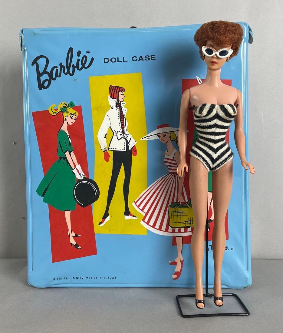 1958 Mattel Barbie Fashion Doll with 1961 Barbie Doll Case: Includes doll stand. One shoe broken. Measures 11 1/2 inches tall