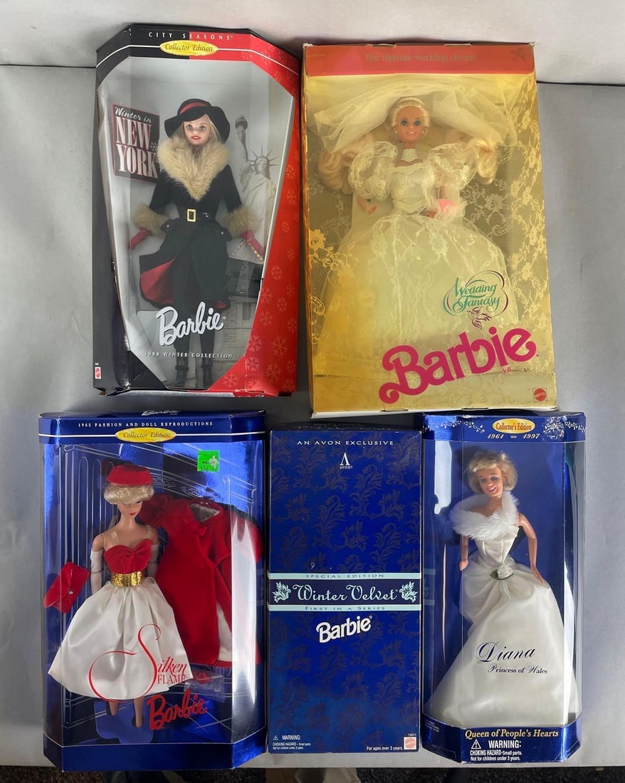 Group of 5 Mattel Collector Edition Barbie Fashion Dolls and More: Includes silken flame, wedding fantasy, street players princess Diana, and more. 11 1/2 inches tall