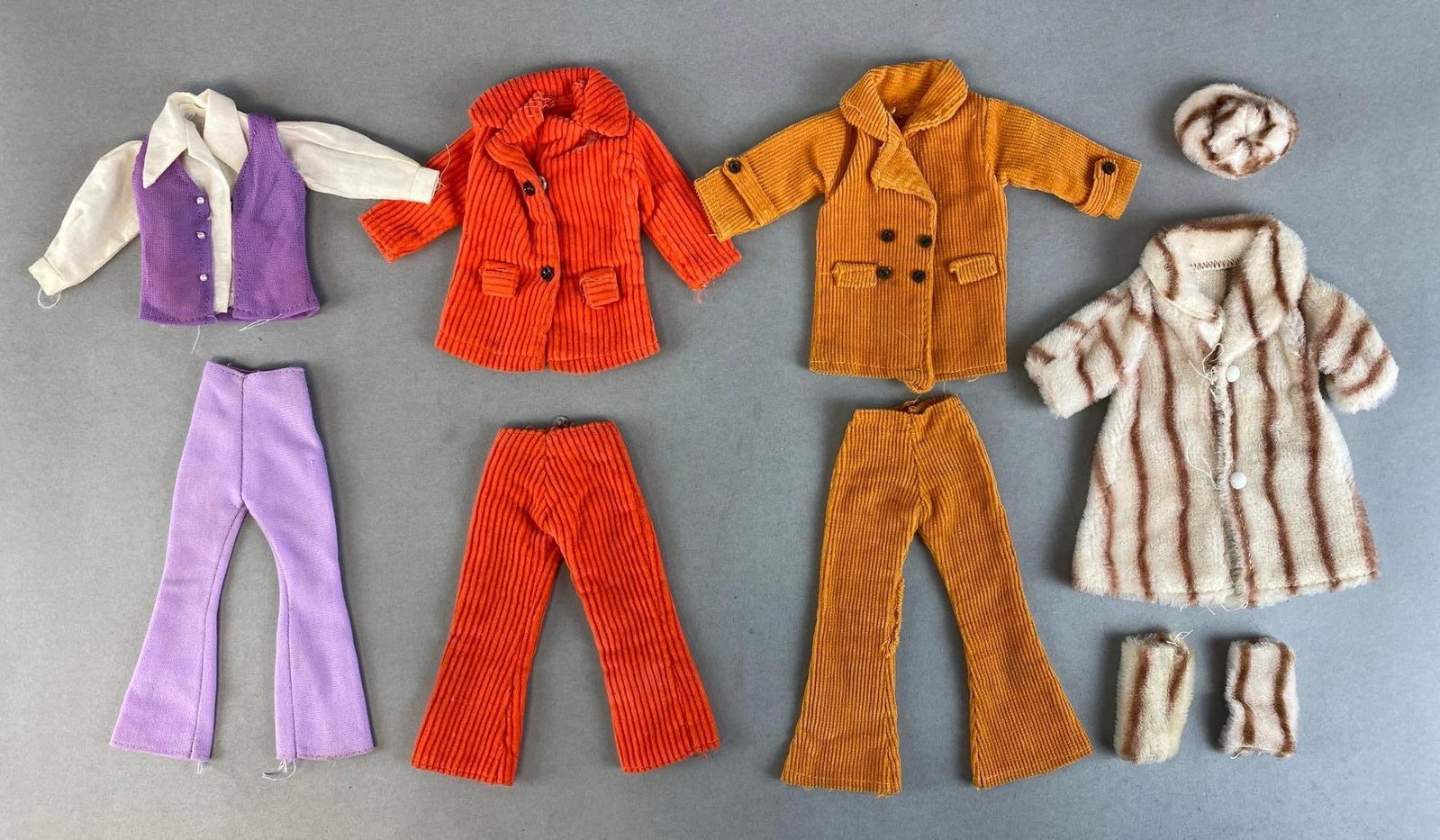 Group of 4 Mattel Barbie Fashion Outfits: Includes Fur coat, corduroy jacket and pants sets, and purple suit, Unknown outfit set completions, For 11 1/2 inch dolls.