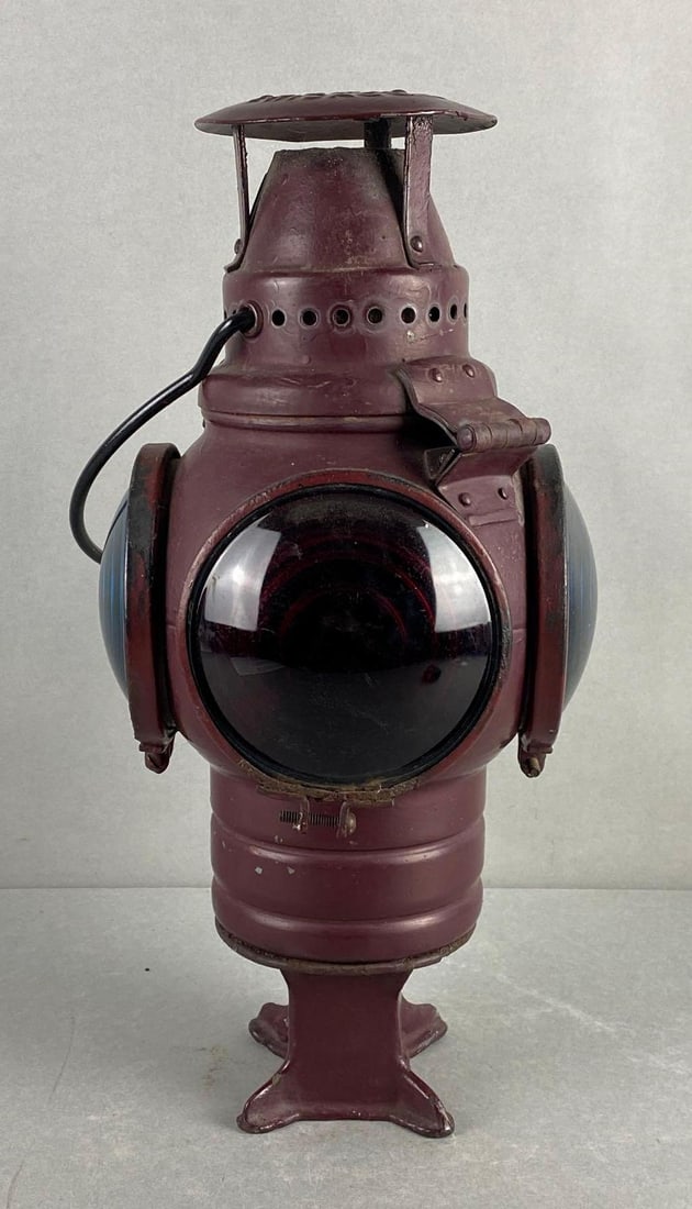 Adlake 4-Way Railroad Signal Lamp: Blue and red lenses, some rusting throughout, measures 16 x 7 1/2 x 7 1/2 inches