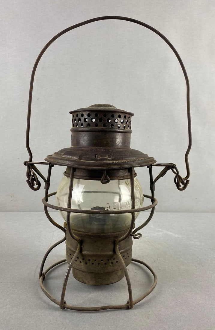 Adlake Kerosene Globe Railroad Lantern: Patent on top rim, bending and rusting throughout, measures 9 1/2 x 8 x 6 inches