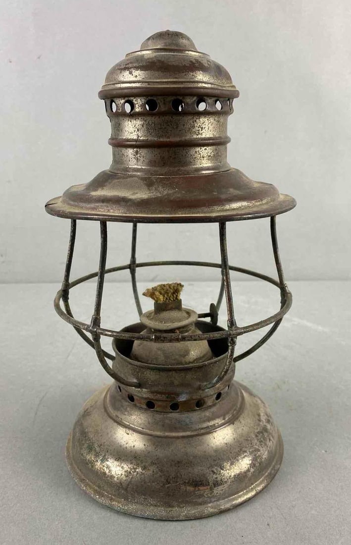F. MeyRose & Co. Globe Lantern: Missing globe and handle, measures 9 1/2 x 5 1/4 x 5 1/4 inches