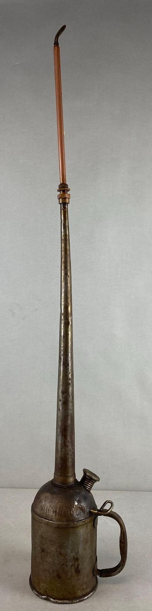 Johnson Urbana CB&Q RR Co. Metal Long-Neck Oil Can: Chicago, Burlington and Quincy Railroad Company, some bending and discoloration throughout, needs cleaning, measures 36 1/4 x 6 1/2 x 4 1/2 inches