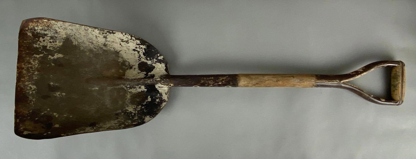 Vintage CB&Q Railroad Coal Shovel: Makers mark on shaft, Some rust throughout, Measures 41 x 11 inches.