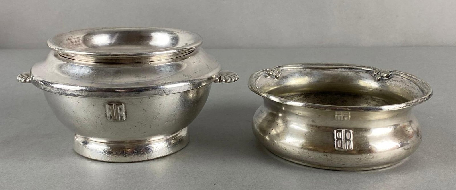 Group of 2 Burlington Route Railroad Reed & Barton Silver Soldered Warmer and Spittoon: Largest measures 3 x 6 x 5 inches.