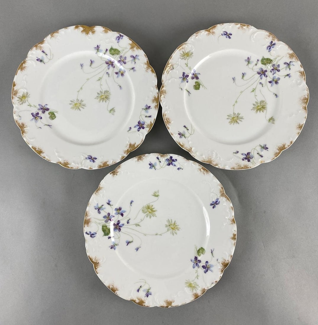 Group of 3 CB&Q Railroad Haviland Violets and Daisies Porcelain Plates: Some small chips along edges, All measure 9 1/2 x 9 1/2 x 1 inches.