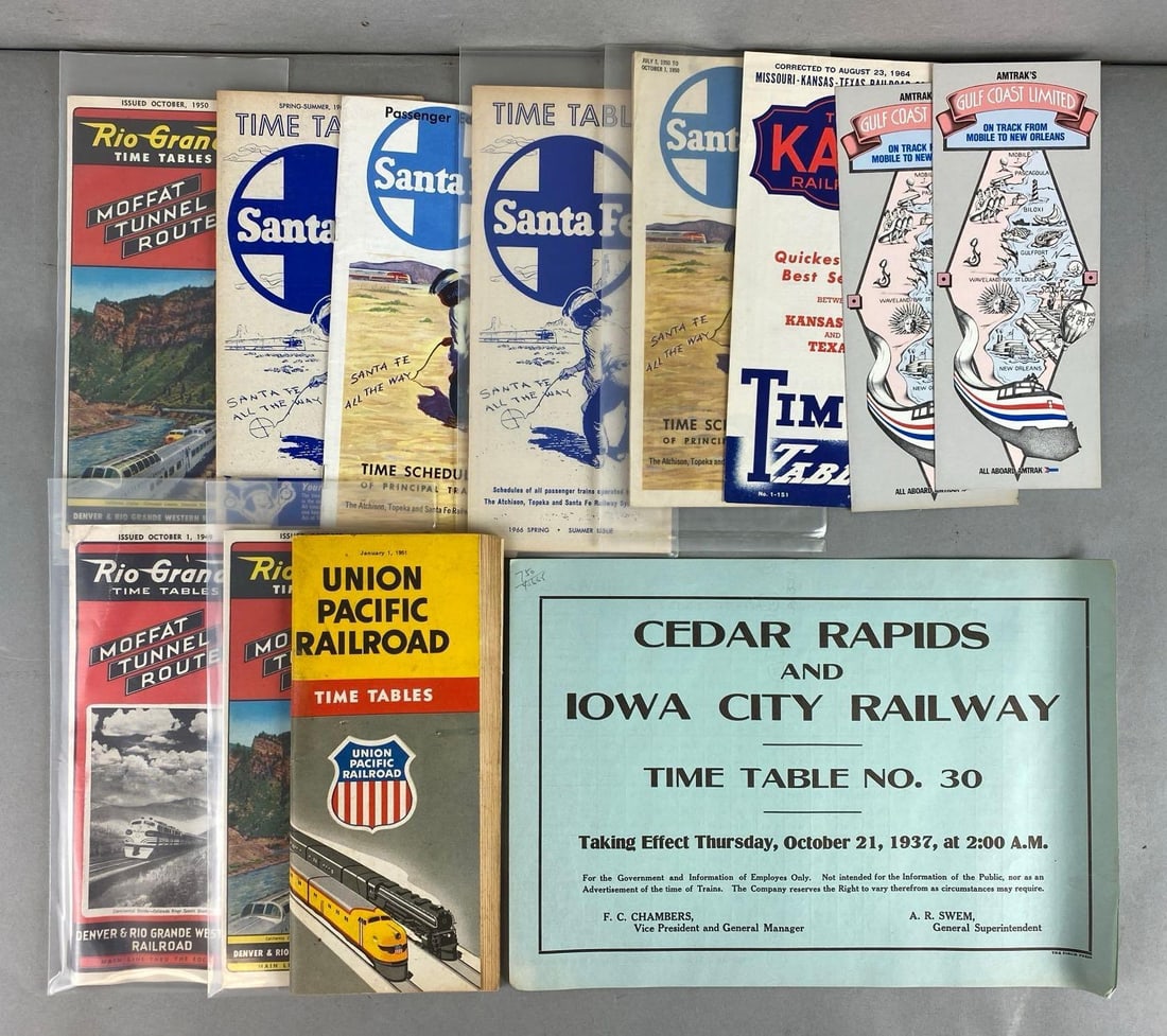 Group of 12 Railroad Timetables and Booklets: Includes Cedar Rapids and Iowa city railway, Union Pacific, Rio grande and more, largest measures 8 1/2 x 12 inches