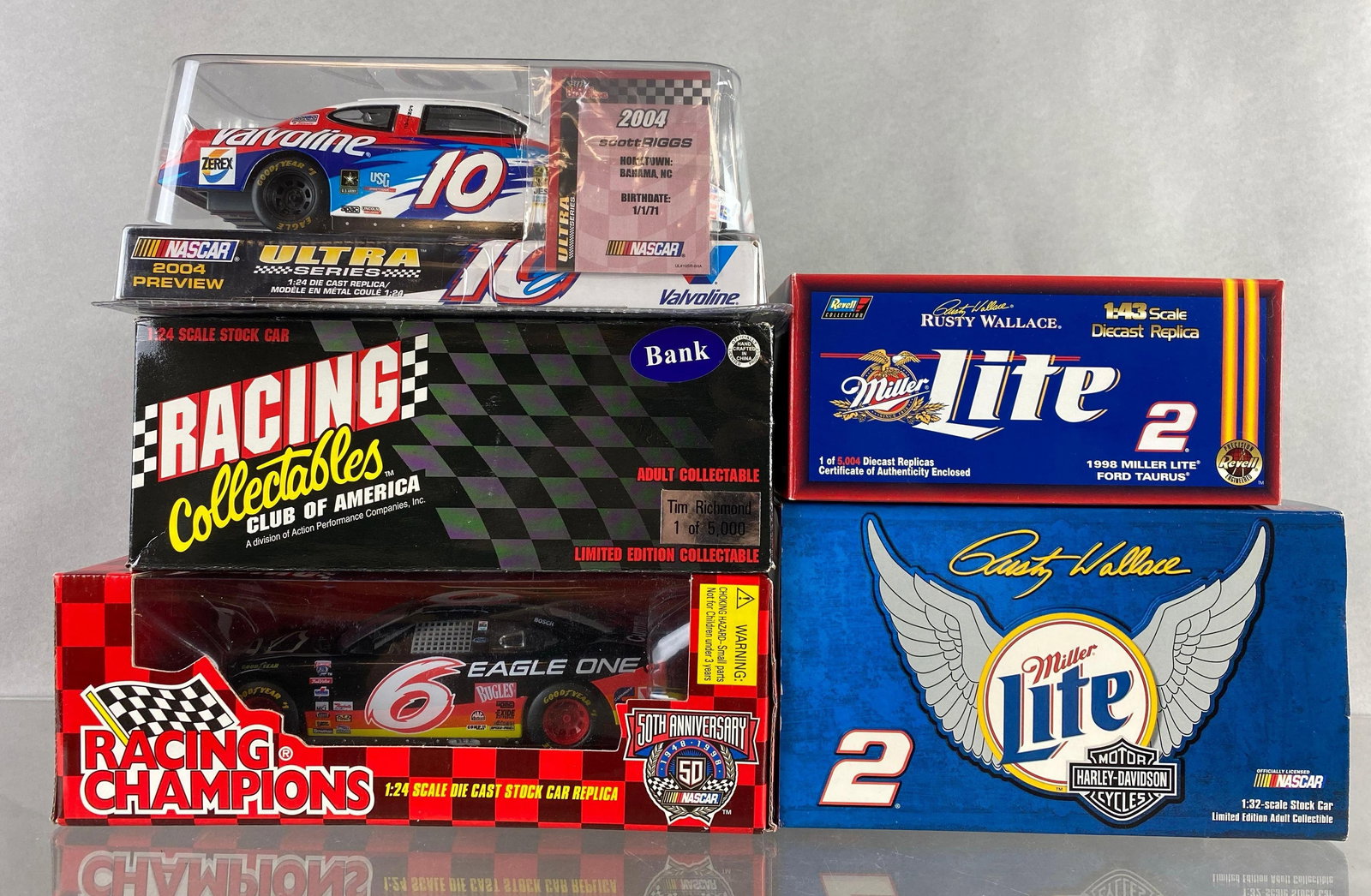 Group of 5 Die-Cast Race Cars: most 1 / 24 scale, limited edition, includes Rusty Wallace, Tim Richmond, Scott Riggs and more, like new in original boxes