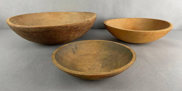 Group of 3 Primitive Wood Serving Bowls: Largest measures 5 x 17 inches