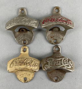 Group of 4 Starr Coca-Cola Metal Advertising Bottle Openers: Includes Pepsi cola. Each measure 3 1/4 x 2 3/4 inches