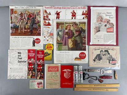 Group of 20+ Vintage Coca-Cola Advertising Items: Includes 1933 worlds fair pocket knife, sour cola bottle opener, Pepsi items. 2 Advertising papers are stuck together. 1944 Halloween ad measures 12 x 9 1/4 inches