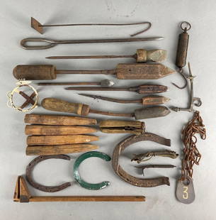 Group of 20+ Primitive Farm Tools: Includes horseshoes, wood pegs, PS and W Co. 24 pound spring scale, and more. Largest measures 19 x 2 x 2 inches